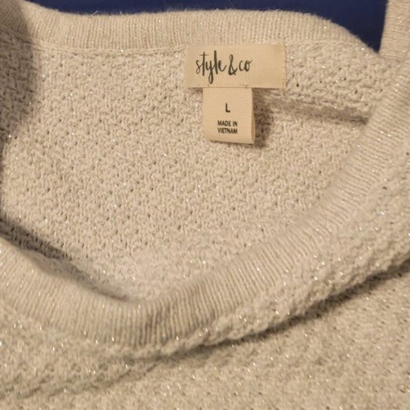 Style & Co Off White Sweater, Hint of Silver, Neck and Sleeve Details, Size L - Picture 2 of 3